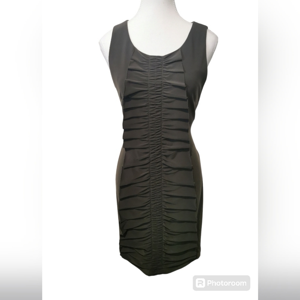Joseph ribkoff s6 solid green ruffle detail flattering dress